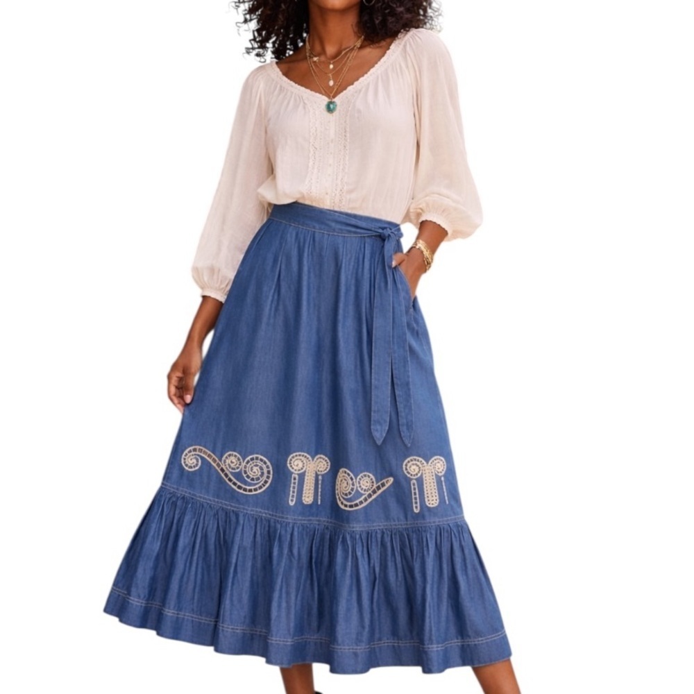 Carolina K Rosa Chambray Boho Prairie Embroidered Midi Skirt Size S